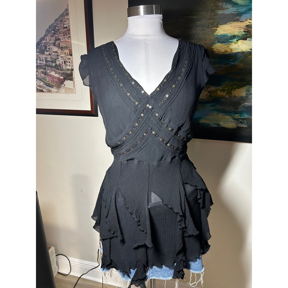 Seven7 Peplum Top 14/16 Black Sequin V-Neck Ruffle Hem Silk Fairy Core Plus